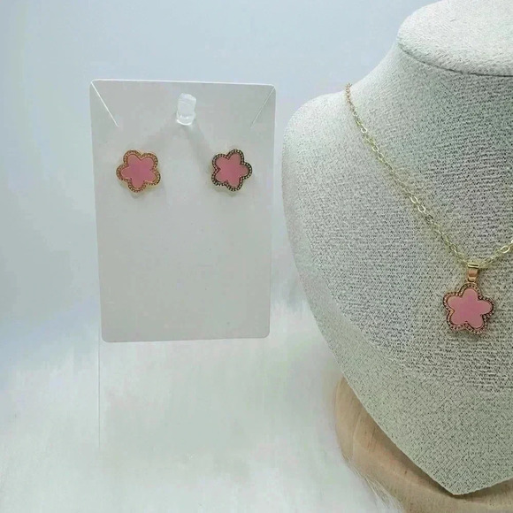 Chrystelle Pink Flower Necklace & Earring Set - Picture 4 of 7